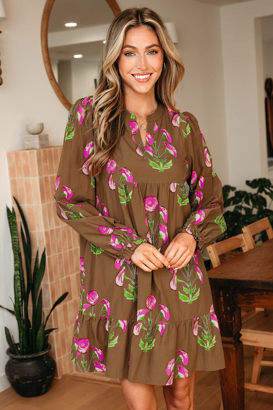Túnica babydoll com estampa floral contrastante marrom com babados na bainha vestido manga bufante