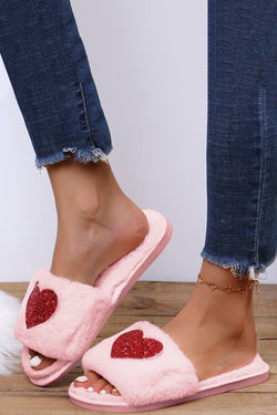 Pantuflas de felpa sin cordones en forma de corazón con lentejuelas rosas