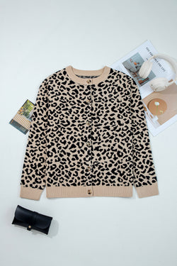 Khaki Leopard Drop Shoulder Chunky Knitted Cardigan Sweater
