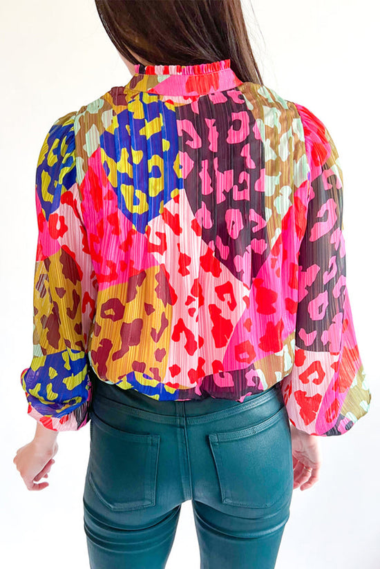 Blusa pieghetta con stampa patchwork rosa leopardo