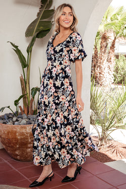 Blue Short Sleeve Smocked Detail High Waist Floral Maxi Dress