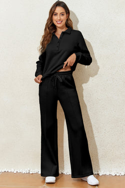 Black Solid Collared Sweatshirt and High Waist Pants Active Set