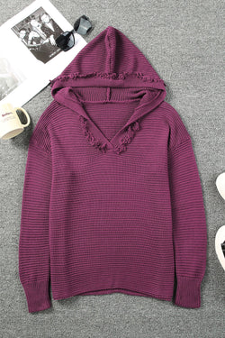 Maglione con cappuccio con pausa con caduta a costine a vello a V nero