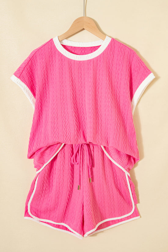 Ensemble 2 pièces de short à cordon de serrage avec bordure en bloc de couleur texturé rose vif