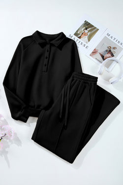 Black Solid Collared Sweatshirt and High Waist Pants Active Set