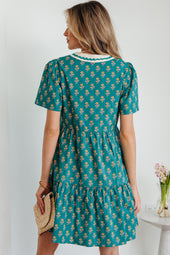 Green Contrast Trim V Neck Short Sleeve Floral Dress