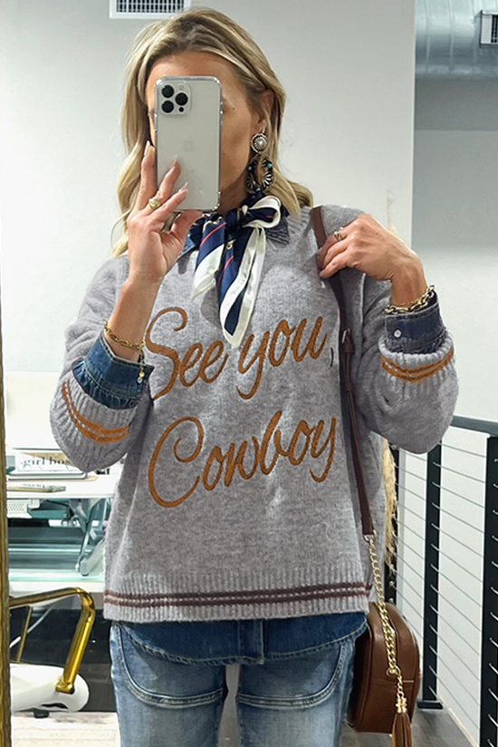 Grigio chiaro ci vediamo cowboy ricamato maglione grafico occidentale
