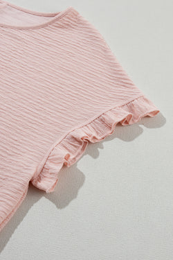 Black and Light Pink Solid Textured Ruffled Short Sleeve Blouse