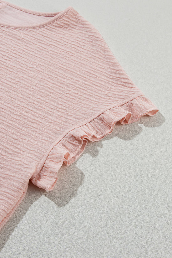 Black and Light Pink Solid Textured Ruffled Short Sleeve Blouse
