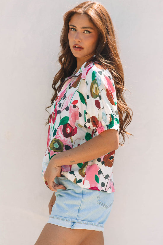 Blusa de manga curta rosa de estampa floral com estampa floral V de pescoço