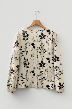 Blusa estampado floral botánico manga larga con cuello dividido color caqui