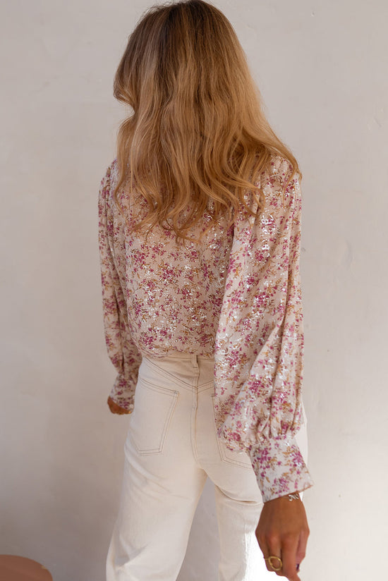 Sleeve a vescovo con stampa floreale rosa camicia a V colletto