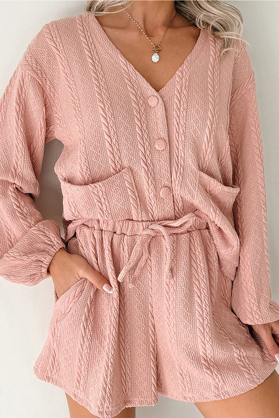 Ensemble short et cardigan en tricot torsadé rose Gossamer à col en V