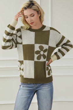 Maglione a strisce floreali a scacchi marrone