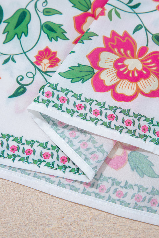 Robe longue blanche à imprimé floral et demi-bouton col mandarin manches 3/4