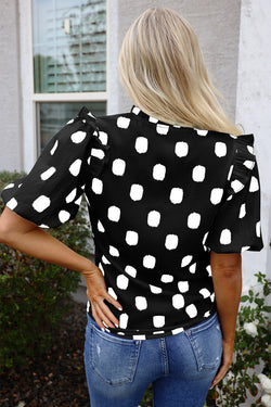 Black Polka Dot Stampa giogo a shirted coglione manica a palloncini.