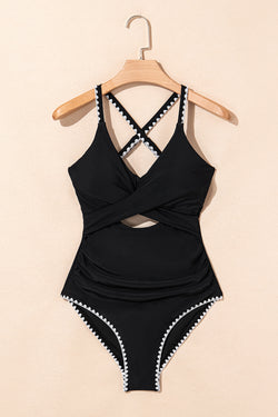 Black Ric Rac Trim Contrastato Patchwork Caltout One Piece Swimsuit