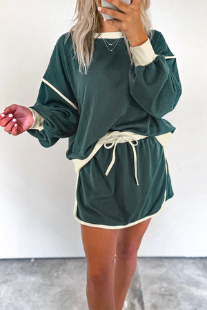 Contrast Loose Pullover and Lace-up Waist Skort Set