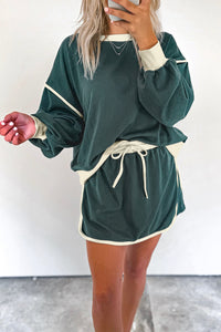 Contrast Loose Pullover and Lace-up Waist Skort Set