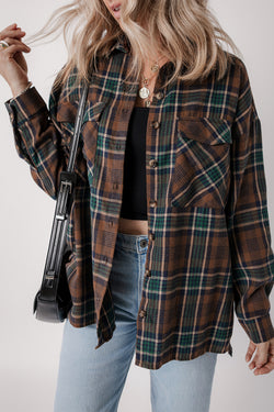 Papas de estampado de estampado a cuadros Brown Chaqueta abotonada