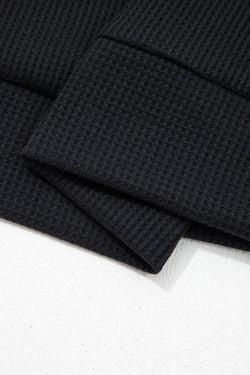 Black Waffle Knit Denim Contrast Trim Patchwork Button Polo Collar Top