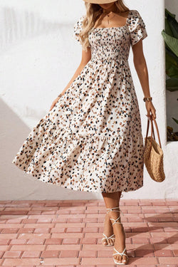 Beige Ditsy Floral Print Smocked Square Neck Ruffle Short Sleeve Dress