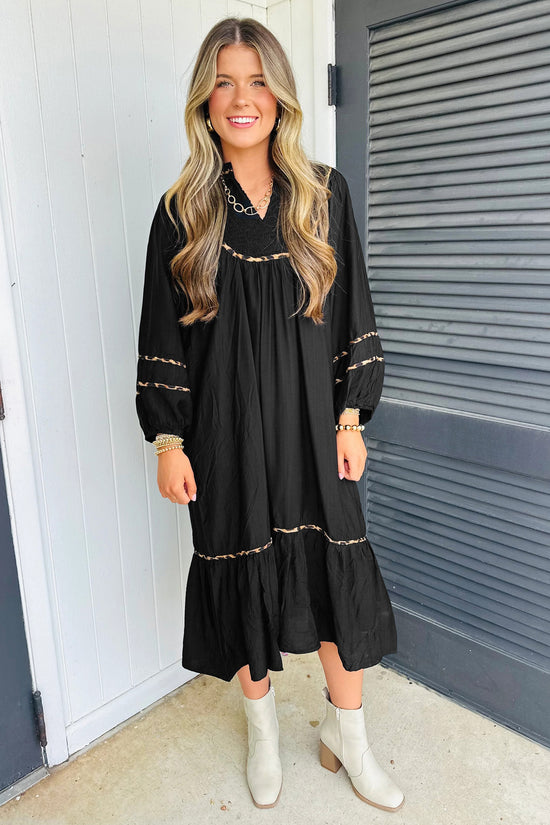 Robe midi bordure léopard contrastée col fendu manches longues décontracté noir