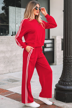 Fiery Red Varsity Striped Detail Crewneck Pullover Elastic Sweatpants 2pcs Outfit