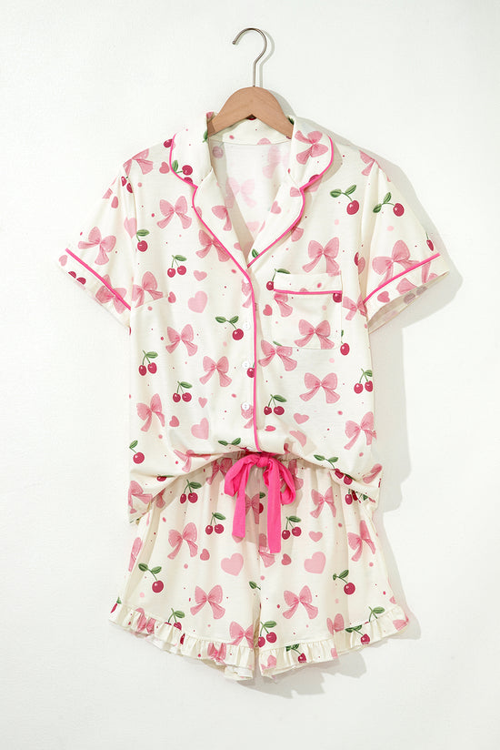 Floral Print Contrast Pipping Short Pajamas Set