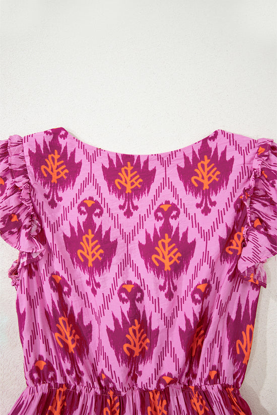 Bonbon Retro Print Twisted Front Ruffled Sleeve Maxi Dress