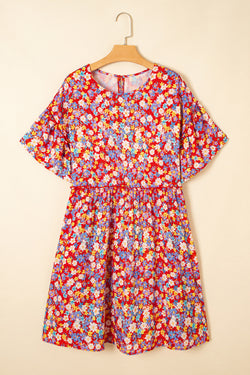 Robe de quart de manche courte de fleur rouge délicate rouge plus taille