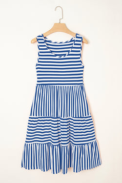Sky Blue Stripe U Neck Maneveless Fit Fit Mini Vestido