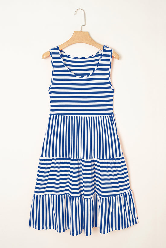 Sky Blue Stripe U Neck Maneveless Fit Fit Mini Vestido