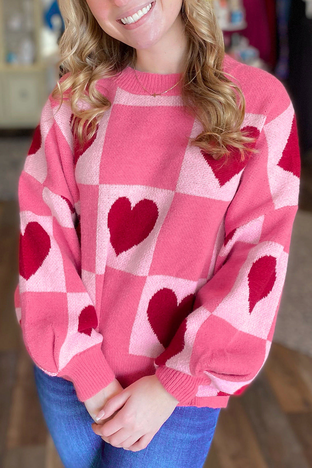 Suéter de cuello de la tripulación de San Valentín Pink Love Heart Valentine