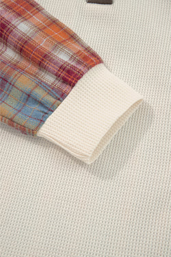 Bege waffle listra manta de retalhos henley knit top