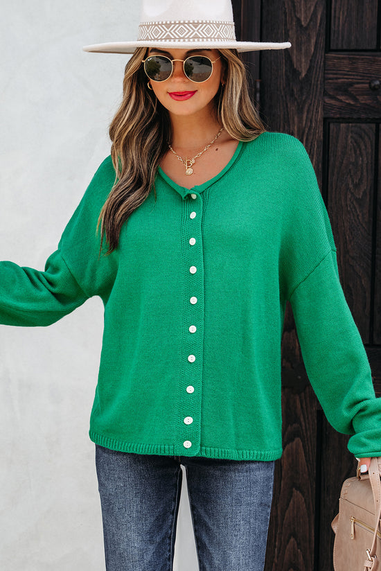 Pulsante a maglia a maglia a maglia con maglia ridotta verde brillante cardigan