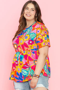 Manica corta con stampa floreale rosa Plus size babydoll camicetta