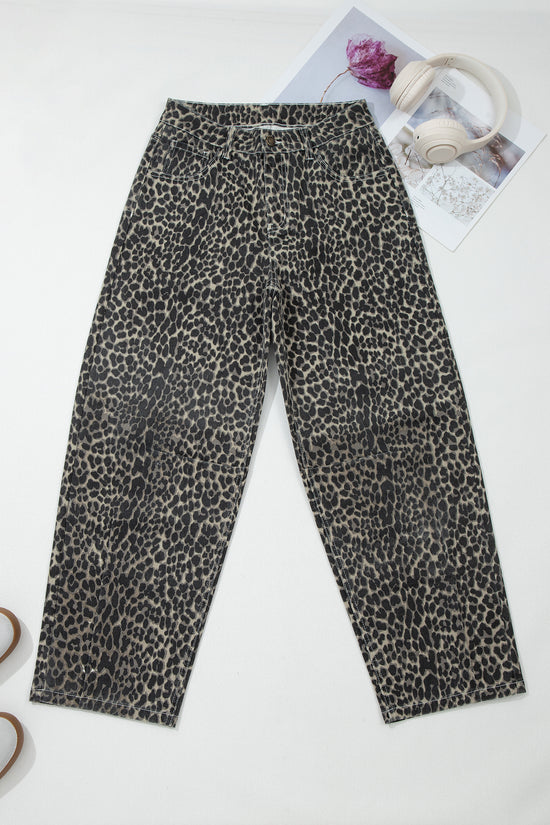 Jean baril taille haute noir imprimé léopard