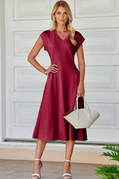 Red Dahlia Solid Color V Neck Pleated Flared Midi Dress