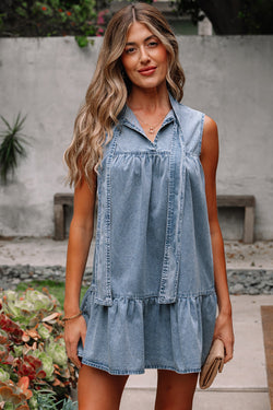 Beau Blue Bowknot Neck sin mangas con volantes Vestido de chambray