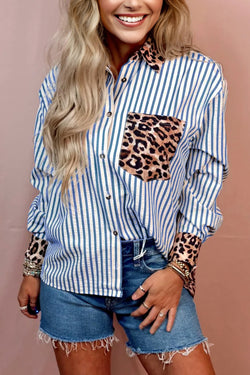 Racing Red Striped Leopard Print Patchwork Button Up Womens Shirt