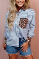 Racing Red Striped Leopard Print Patchwork Button Up Womens Shirt
