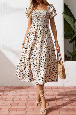 Beige Ditsy Floral Print Smocked Square Neck Ruffle Short Sleeve Dress