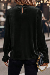 Black Frilled Collared Smocked Cuffs Puff Sleeve Velvet Blouse