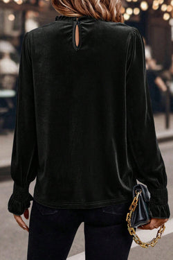 Black Frilled Collared Smocked Cuffs Puff Sleeve Velvet Blouse