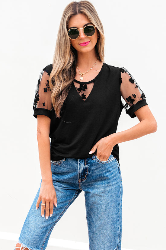 T-shirt à col état-pied en dentelle Black Flora