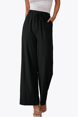 Black Solid Color Drawstring Elastic Waist Casual Loose Pants