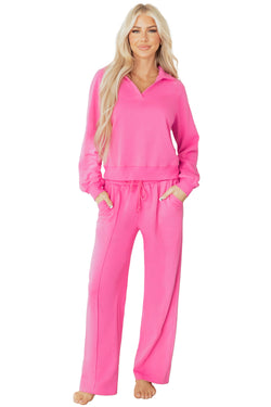 Sachet Pink Solid Color Collared Pullover and Central Seam Pants Set
