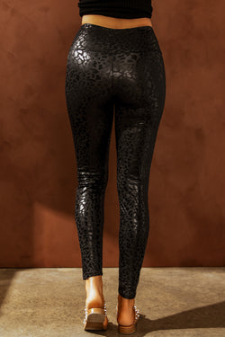 Leggings con textura de leopardo negro brillante