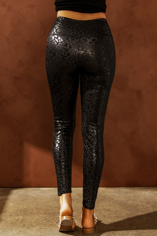 Leggings con textura de leopardo negro brillante